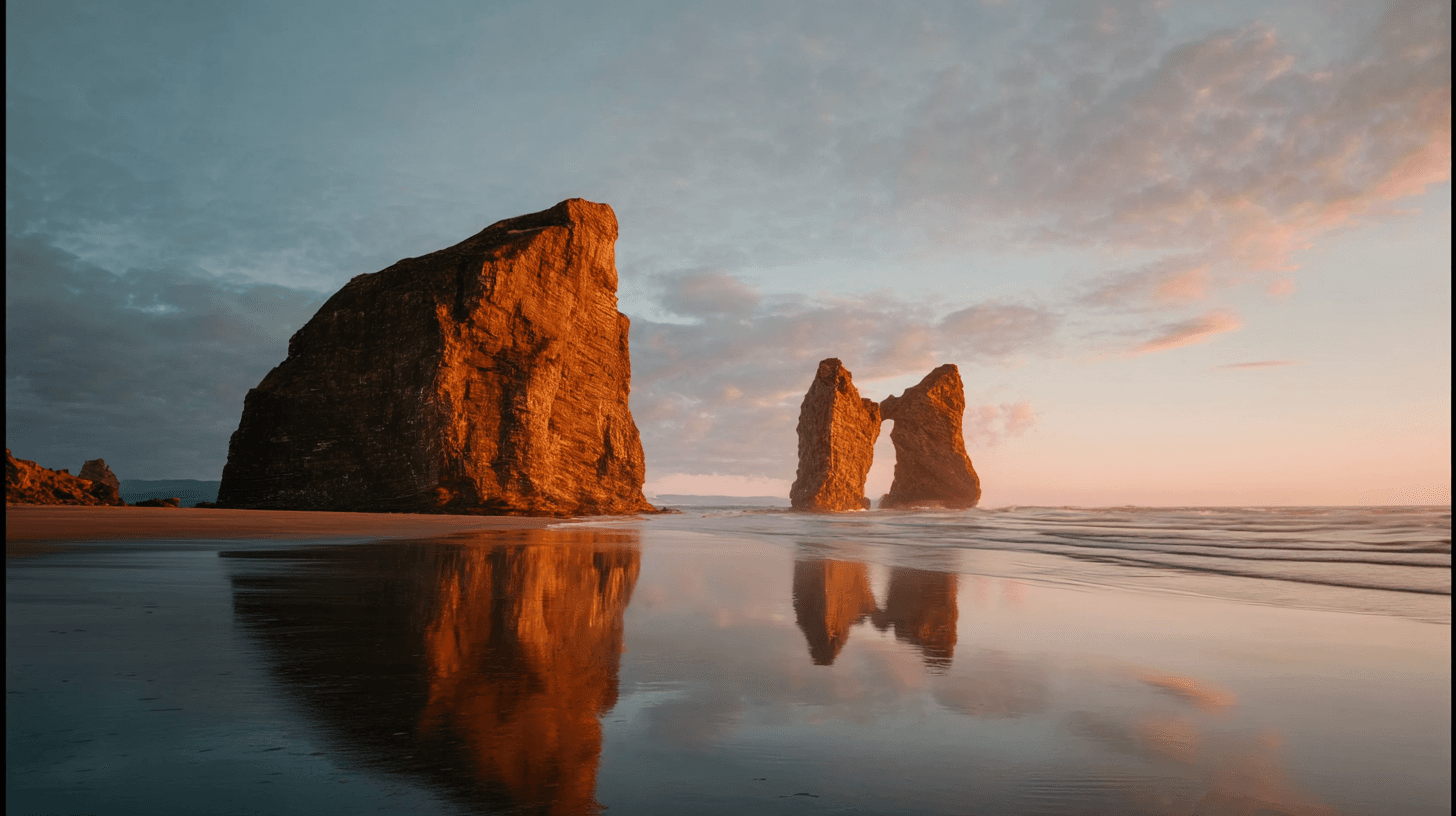 Felsformationen am Strand bei Sonnenuntergang