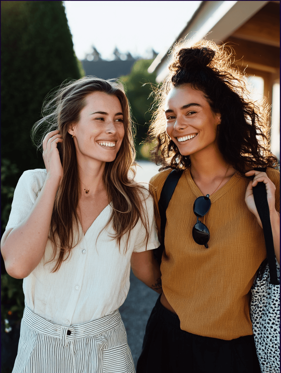 Zwei Frauen lächeln zusammen