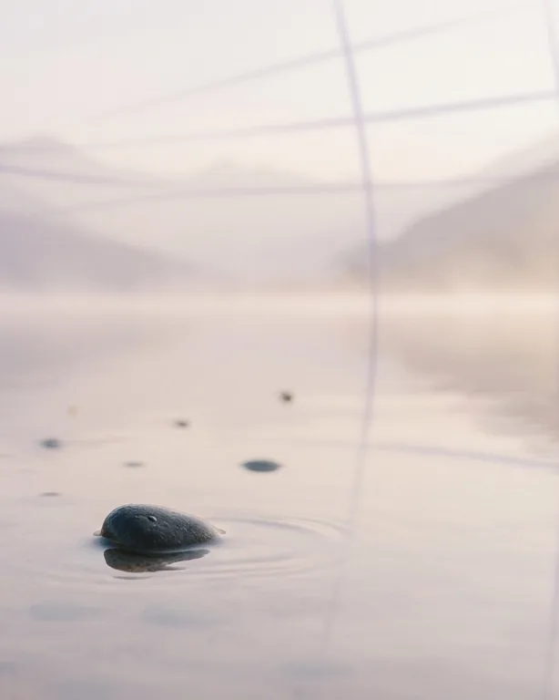 Steine im stillen Wasser, der Nebel über ihnen lichtet sich.