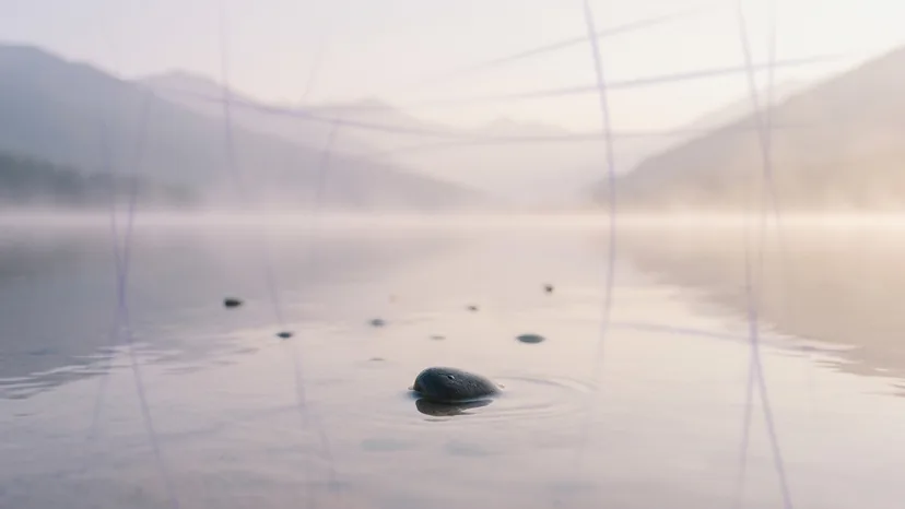 Steine liegen im stillen Wasser, feine Fäden spannen sich zwischen ihnen durch den Nebel.