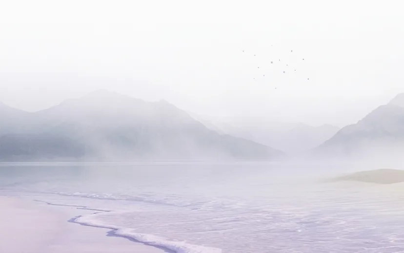Ein Vogelschwarm zieht über einen stillen See, dahinter Berge im Nebel.