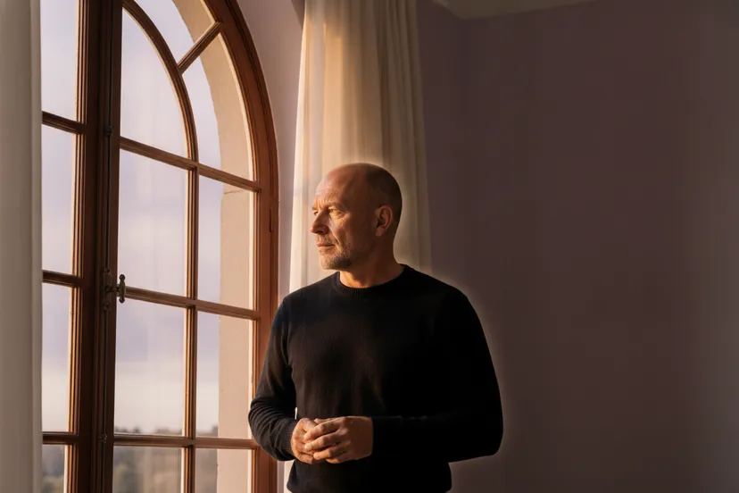 Ein Mann im schwarzen Pullover steht am hohen Sprossenfenster und schaut ins Abendlicht hinaus. (KI-Bild)