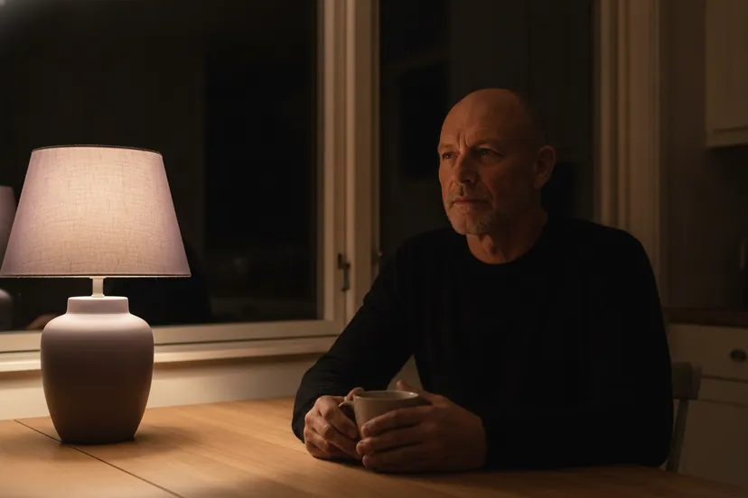 Nachts sitzt ein Mann mit einer Tasse am Holztisch, nur eine Tischlampe brennt. (KI-Bild)