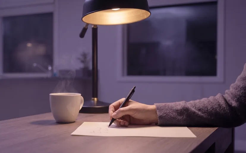 Eine Hand schreibt unter einer Leselampe auf ein Blatt, daneben steht eine Tasse Tee. (KI-Bild)
