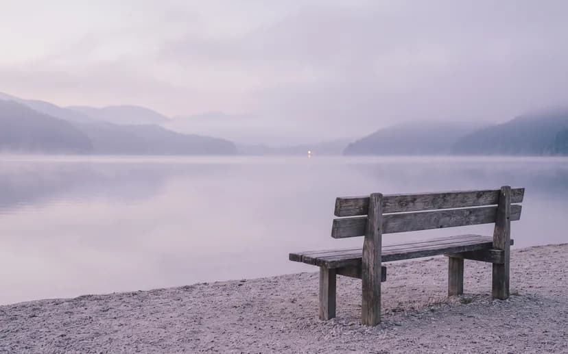 Eine leere Holzbank am Ufer eines stillen Sees, über dem Wasser liegt Morgendunst.
