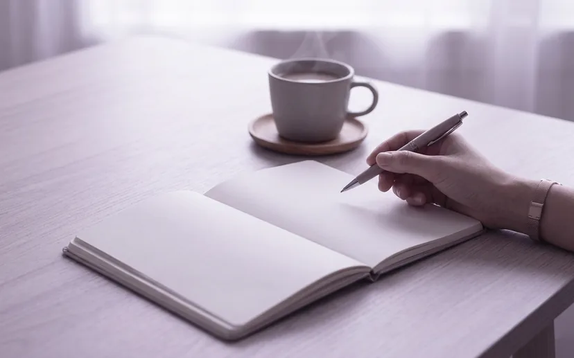Eine Hand mit Stift über einem offenen Notizbuch, daneben eine Tasse im Morgenlicht. (KI-Bild)