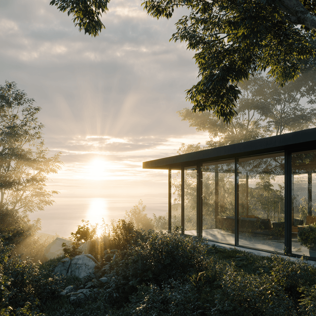 Modernes Glashaus in der Natur bei Sonnenaufgang