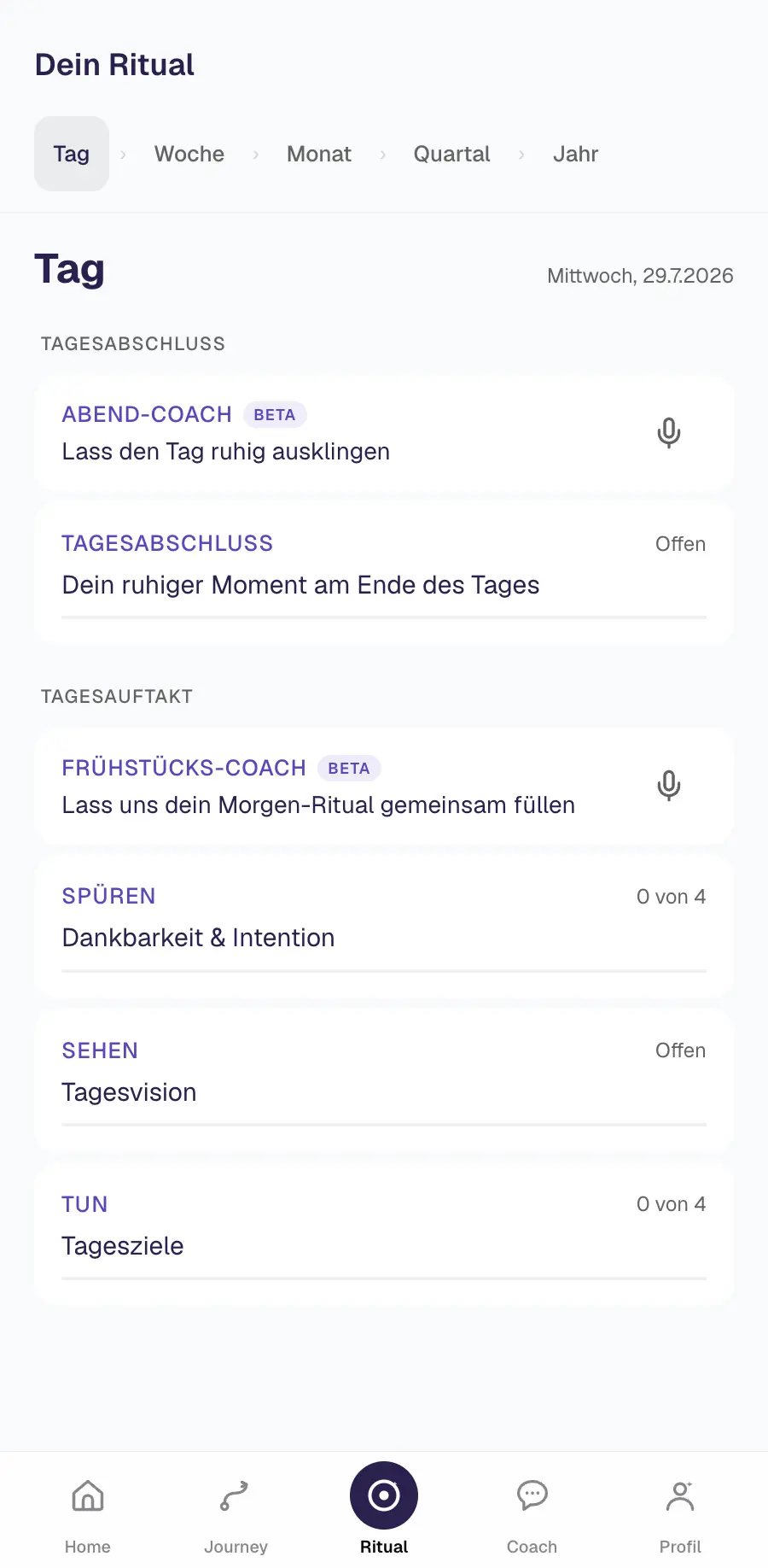 Ansicht des Morgen- und Abendrituals in der Nordstern-App