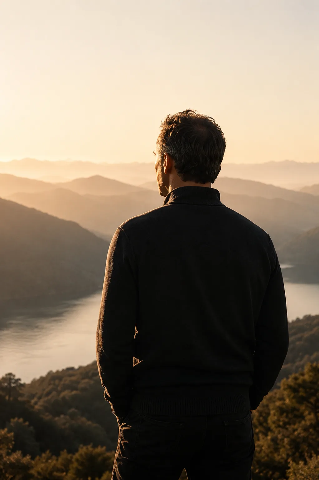 An einem Aussichtspunkt in den Bergen bei Sonnenaufgang