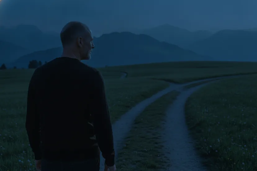Von hinten gesehen steht ein Mann in der blauen Dämmerung an einer Weggabelung vor Bergen. (KI-Bild)